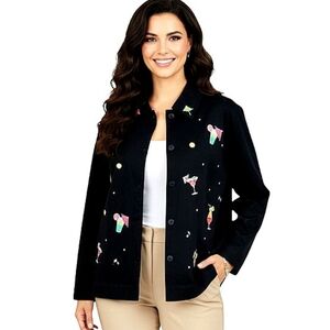 Breckenridge Embroidered Umbrella Drinks Jacket Black Button Front Pockets Sz 2X